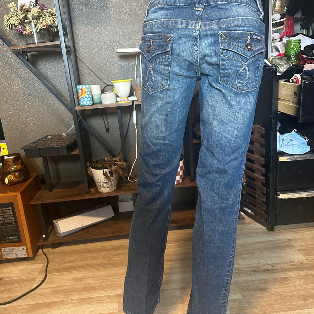 Calvin Klein Jeans Low Rise Embellished Pockets Denim Blue Wash Bootcut - Picture 2 of 4
